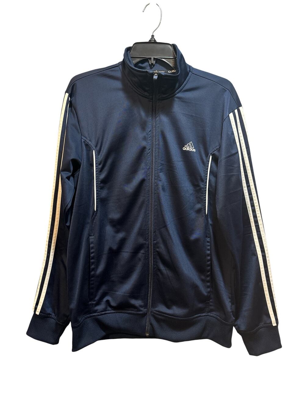 Adidas men’s medium climalite navy blue track jacket. 3 stripes on sleeves,